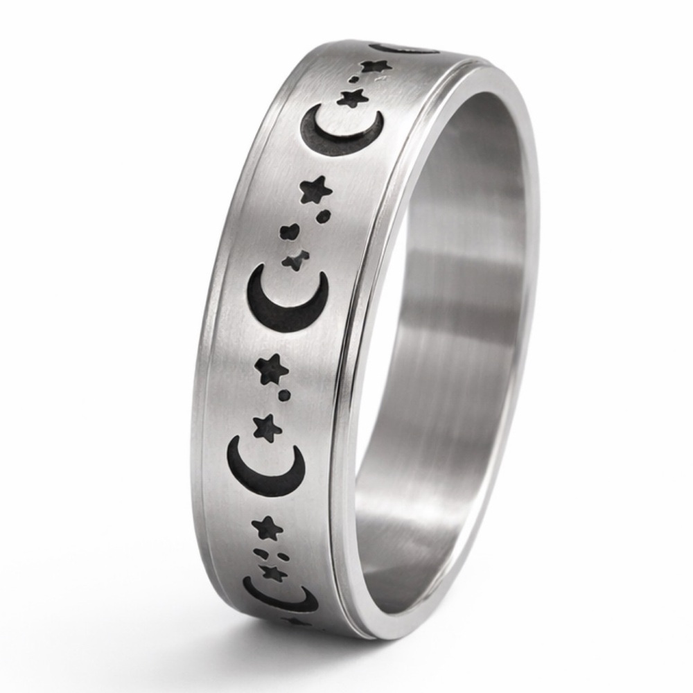 Stainless Steel Moon Star Spinner Ring Celestial Band Anxiety Fidget